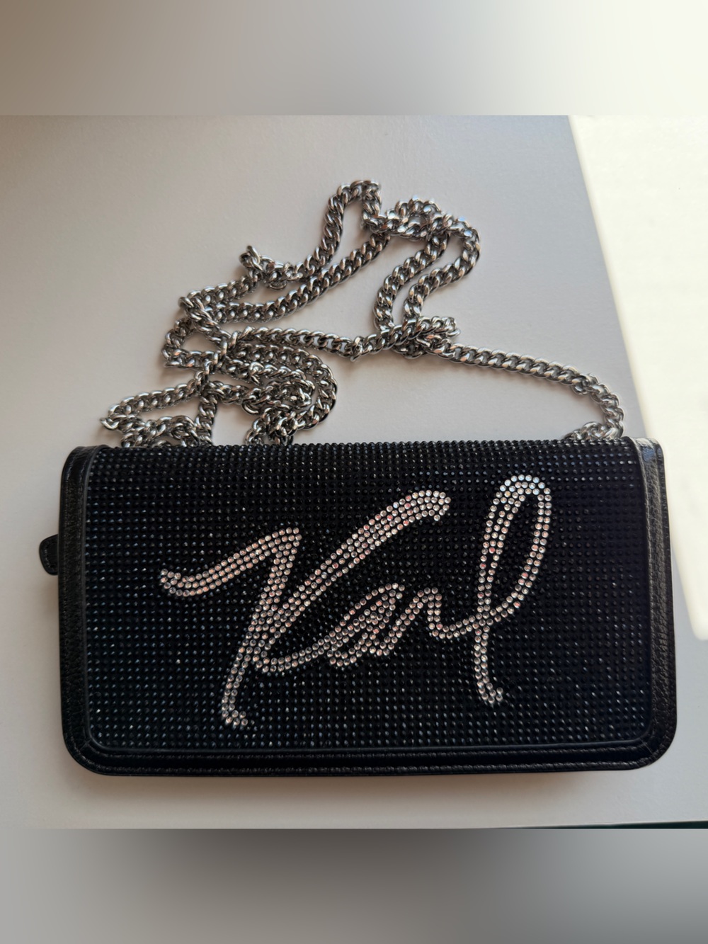 Black Rhinestone Chain Crossbody Phone Wallet with Script Detail